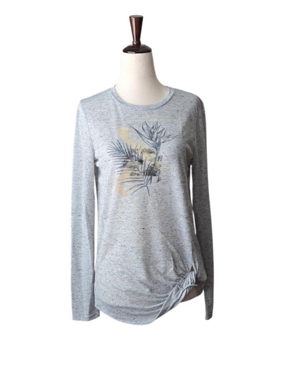 ROXY Tropical Graphic Long Sleeve Top S Gray Side Knot Casual Beachwear EUC